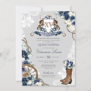 Charro Horse Crest Royal Navy Blue Quinceanera Inv Invitation