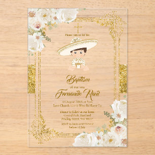 Charro Mexican Gold Fiesta Boy Baptism Christening Acrylic Invitations