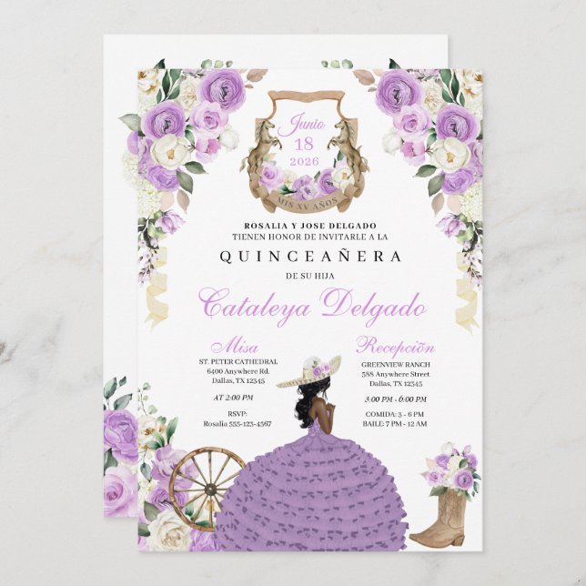 Charro Princess Lilac Western Quinceañera Invitation (Front/Back)