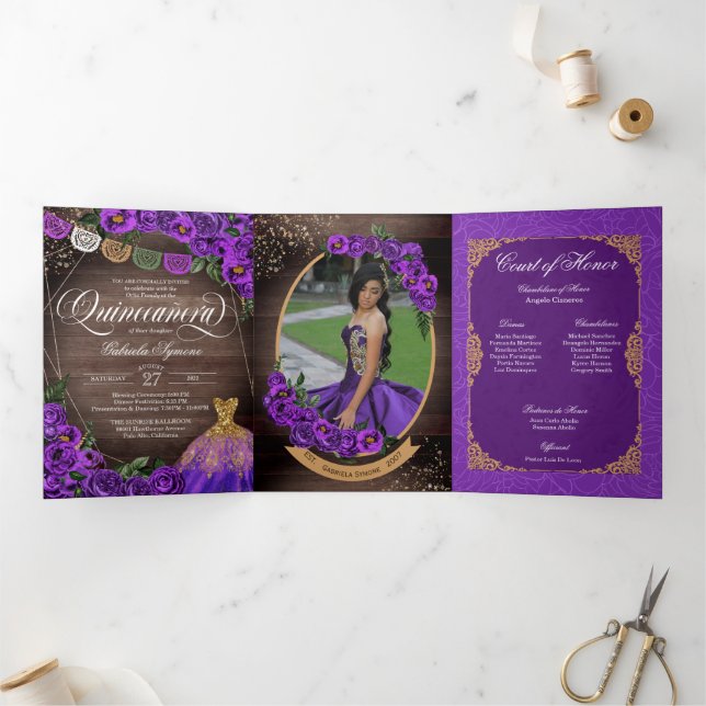 Charro Purple Roses Country Add Photo Quinceañera Tri-Fold Invitation (Inside)