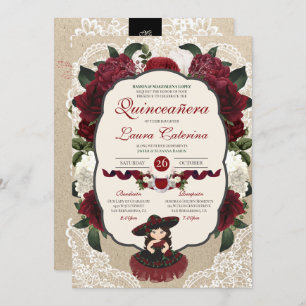 Charro Quinceanera Red Burgundy Floral Birthday  Invitation