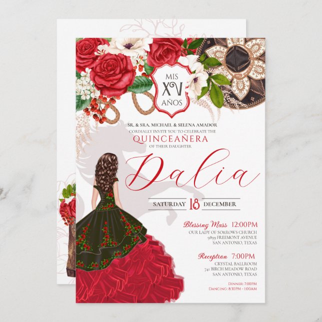 Charro Quinceañera Red Rose Western Theme Invitation (Front/Back)
