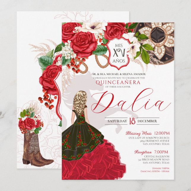 Charro Quinceañera Red Roses Floral Crest Western Invitation (Front/Back)