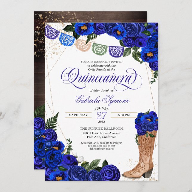 Charro Rustic Cowgirl Boots Blue Roses Quinceañera Invitation (Front/Back)