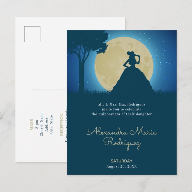 Charro Silhouette with Moon Quinceanera Invitation Postcard (Front/Back)