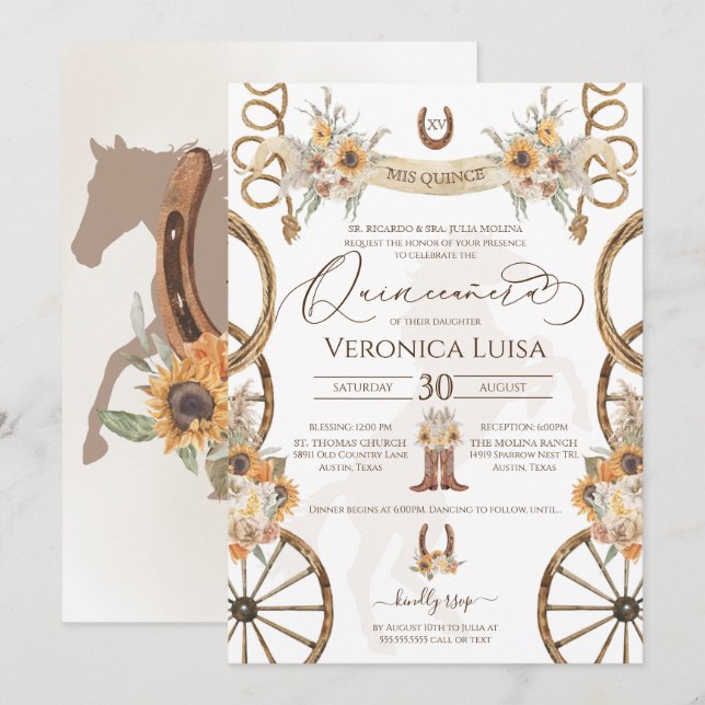 Charro Sunflower Country Rustic Floral Quinceanera Invitation (Front/Back)