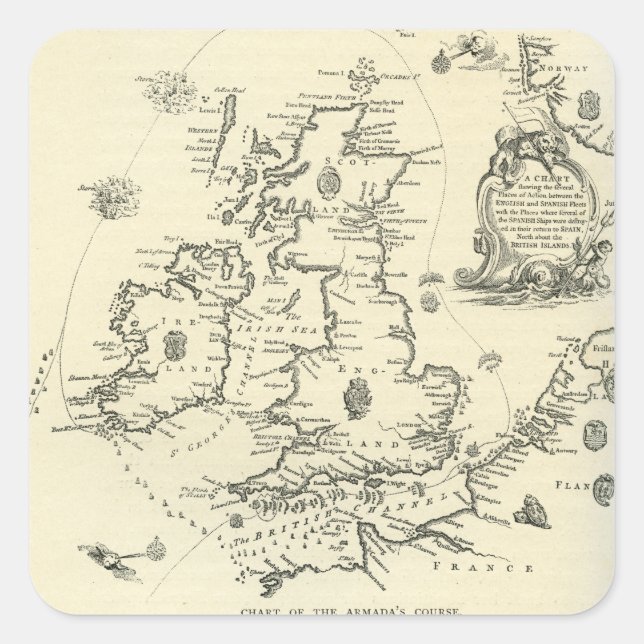 Chart of the course of the Spanish Armada Square Sticker (Front)