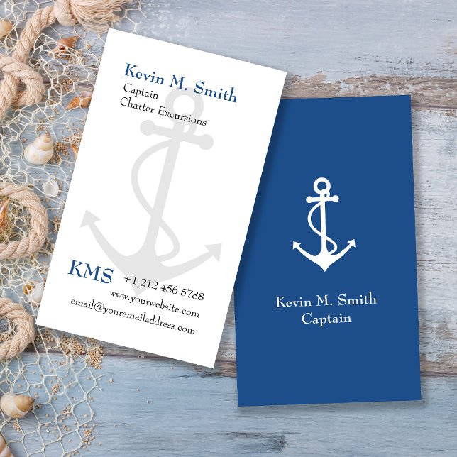 Charter Boat Captain Anchor Blue and White Business Card (Creator Uploaded)
