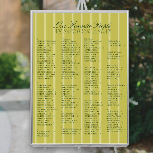 Chartreuse Alphabetical Wedding Seating Chart (Chartreuse Alphabetical Wedding Seating Chart)
