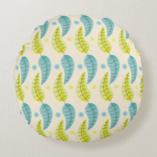 Chartreuse and Aqua leaves round throw pillow