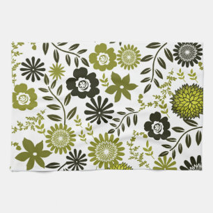 Chartreuse and Dark olive green floral pattern Tea Towel