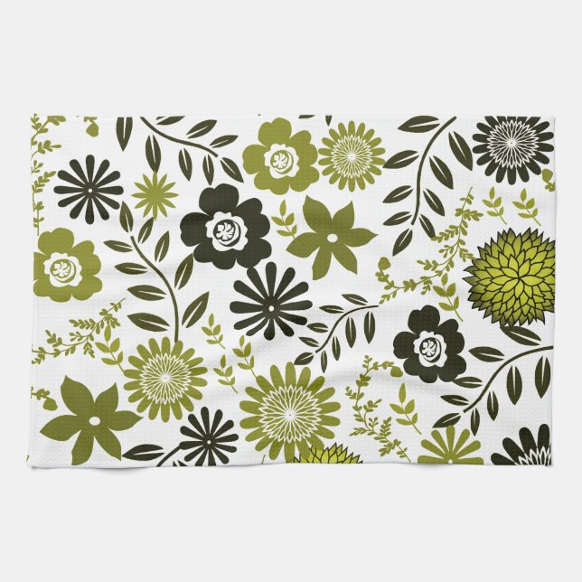 Chartreuse and Dark olive green floral pattern Tea Towel (Horizontal)