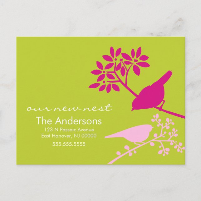 Chartreuse and Fuchsia Birds Moving Announcements (Front)