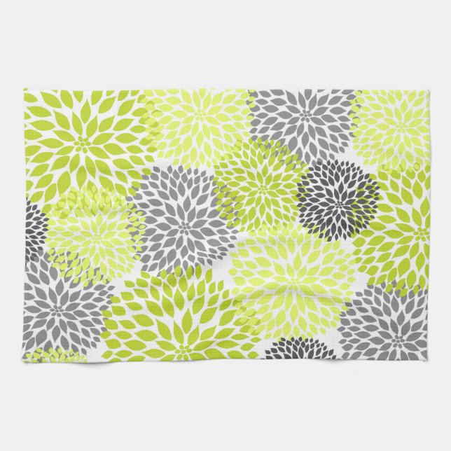 Chartreuse and Gray Floral Kitchen Tea Towel (Horizontal)