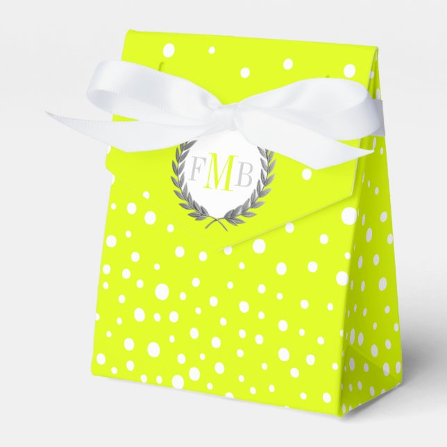 Chartreuse and white polka dot pattern wedding fav favour box (Front Side)