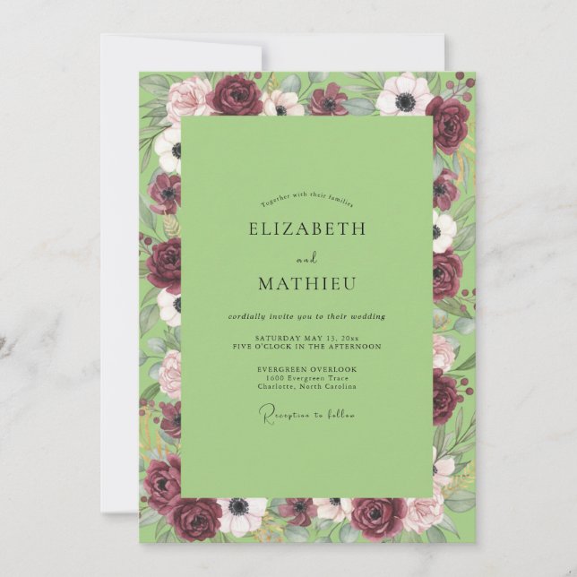Chartreuse Anemone Maroon Wedding Invitation (Front)
