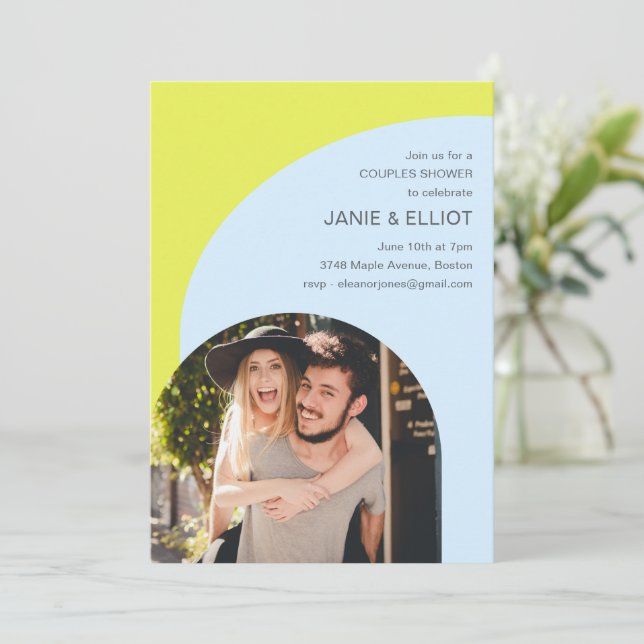 Chartreuse Blue Arch Photo Couples Shower Party Invitation (Standing Front)