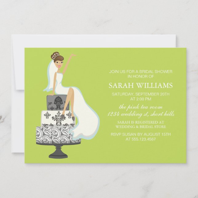 Chartreuse Bride on Wedding Cake Invitation (Front)