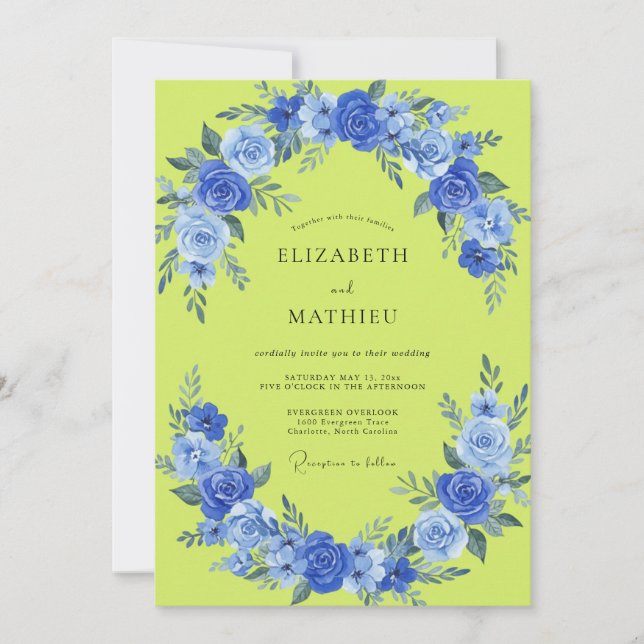 Chartreuse Cobalt Rose Wedding Invitation (Front)
