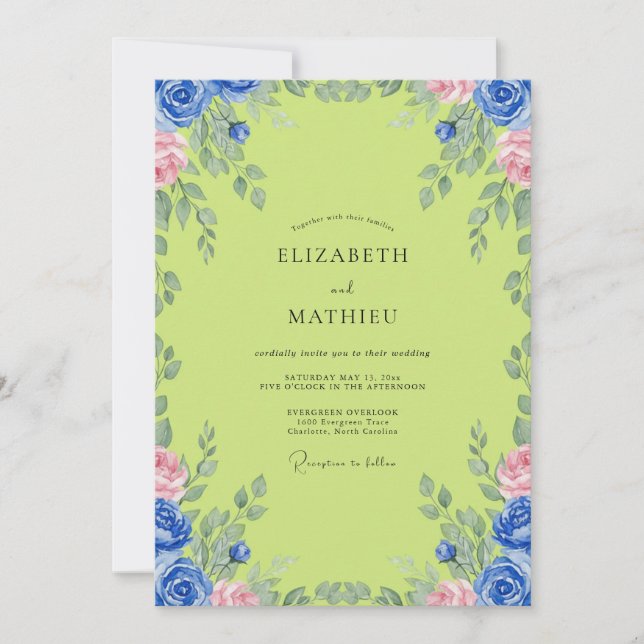 Chartreuse Cobalt Vine Wedding Invitation (Front)