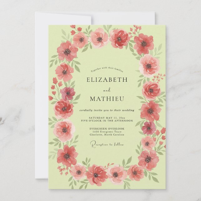 Chartreuse Coral Anemone Wedding Invitation (Front)