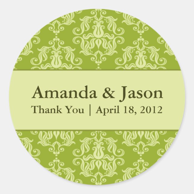 Chartreuse Damask Round Wedding Labels Sti (Front)