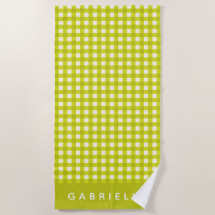 Chartreuse Gingham Personalised Name Summer Cute Beach Towel