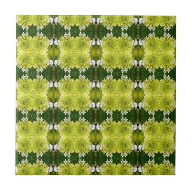 Chartreuse Green Abstract Hydrangea Blooms Pattern Ceramic Tile (Front)