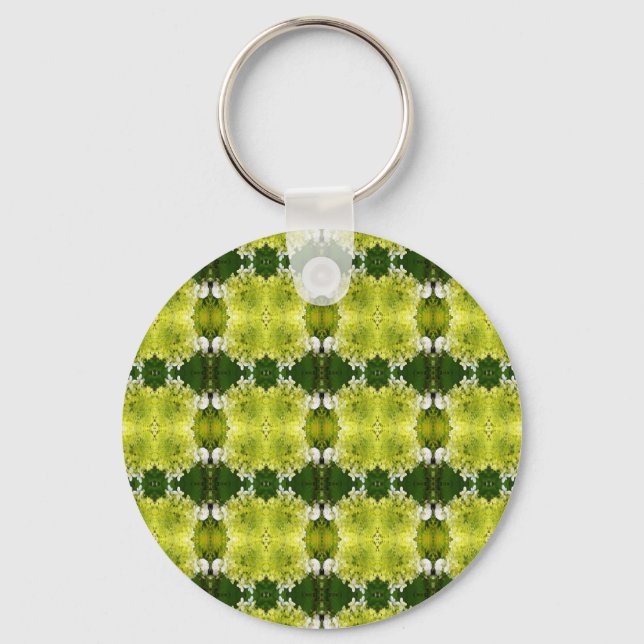 Chartreuse Green Abstract Hydrangea Blooms Pattern Key Ring (Front)
