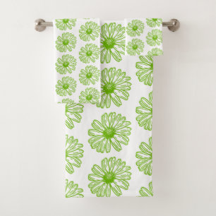 Chartreuse Green Daisy Print, Hippie Flower Print Bath Towel Set