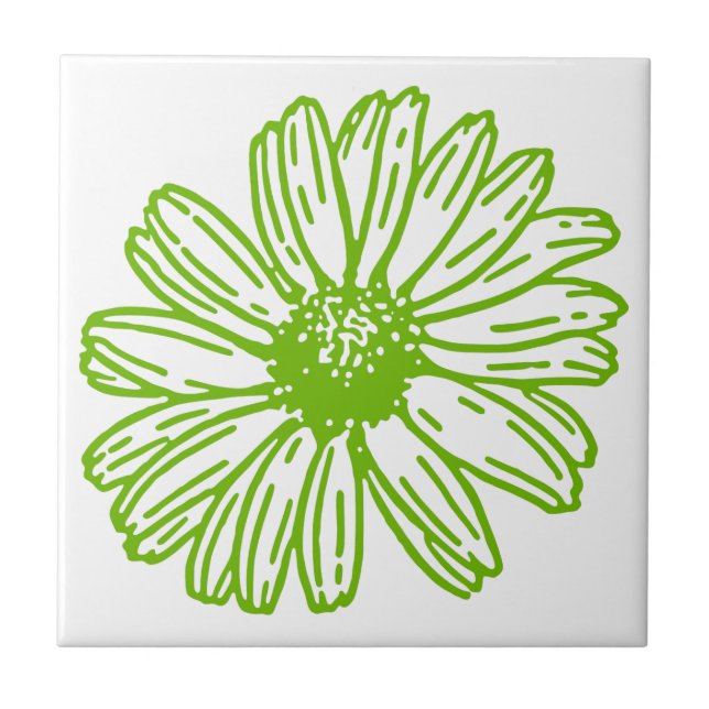Chartreuse Green Daisy Print, Hippie Flower Print Ceramic Tile (Front)
