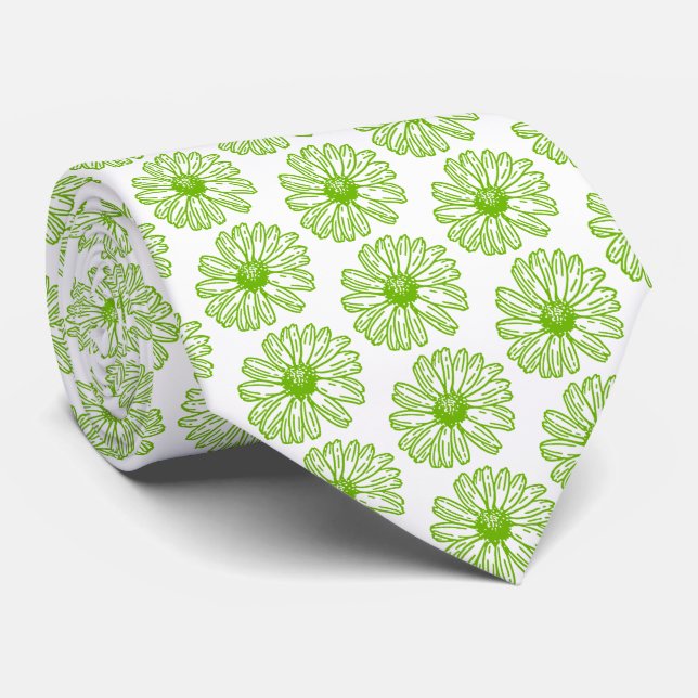 Chartreuse Green Daisy Print, Hippie Flower Print Tie (Rolled)