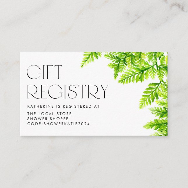 Chartreuse Green Fern Leaves Baby Shower Registry Enclosure Card (Front)