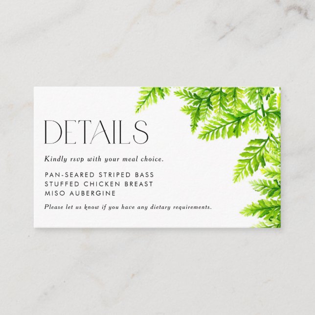 Chartreuse Green Fern Leaves RSVP Details Enclosure Card (Front)