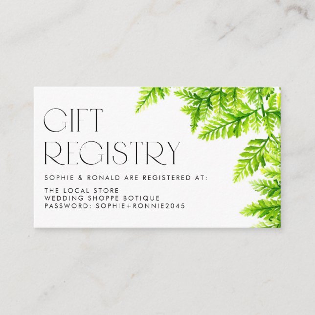 Chartreuse Green Fern Leaves Wedding Registry Enclosure Card (Front)
