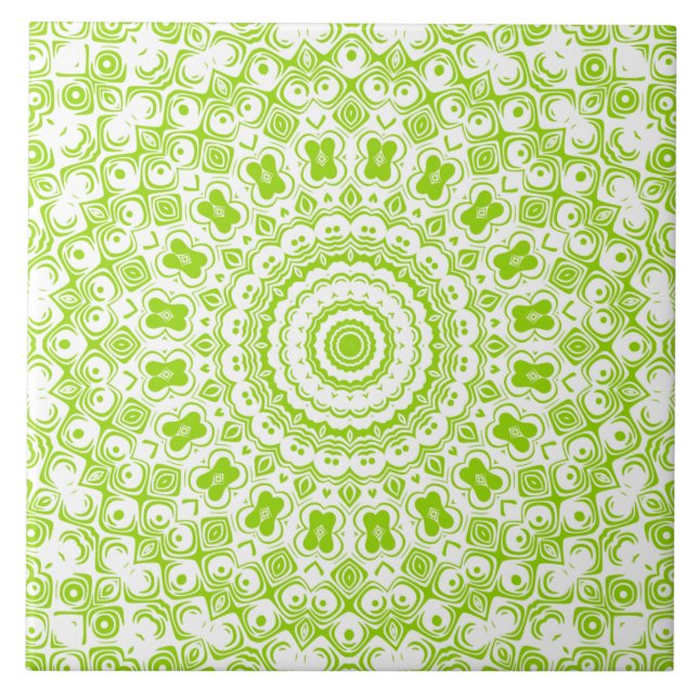 Chartreuse Green Mandala Pattern Ceramic Tile (Front)