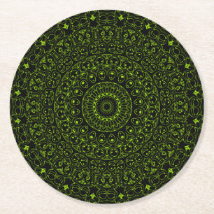 Chartreuse Green Mandala with Bold Symmetry Round Paper Coaster