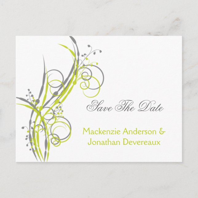 Chartreuse Grey Floral Swirls Save The Date Announcement Postcard (Front)
