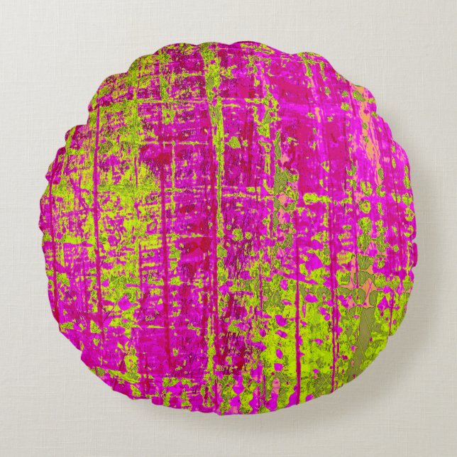 Chartreuse Kiss Pink and Green Abstract Round Cushion (Front)