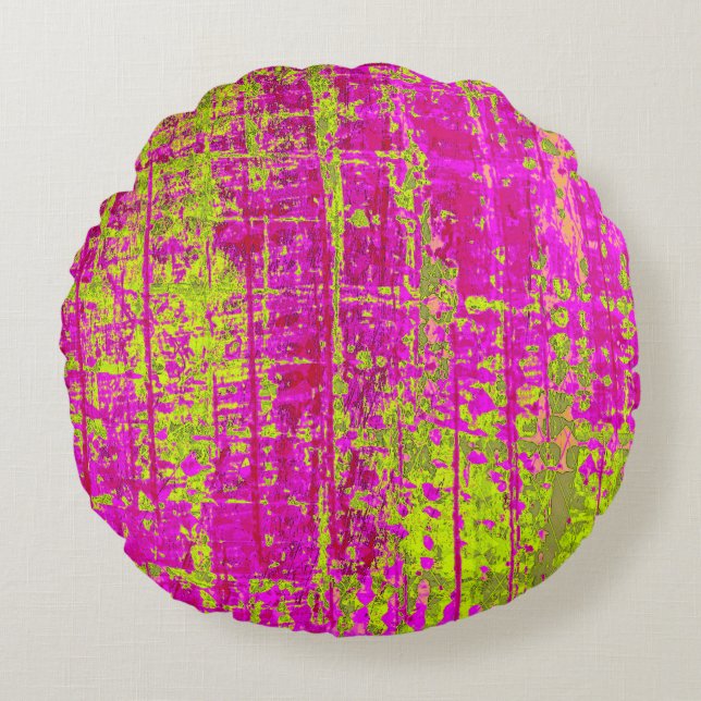 Chartreuse Kiss Pink and Green Abstract Round Cushion (Front)