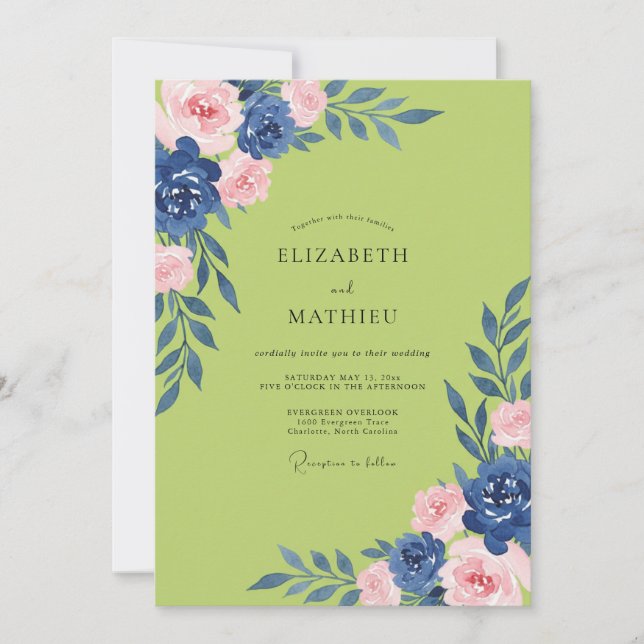 Chartreuse Navy Blossom Wedding Invitation (Front)