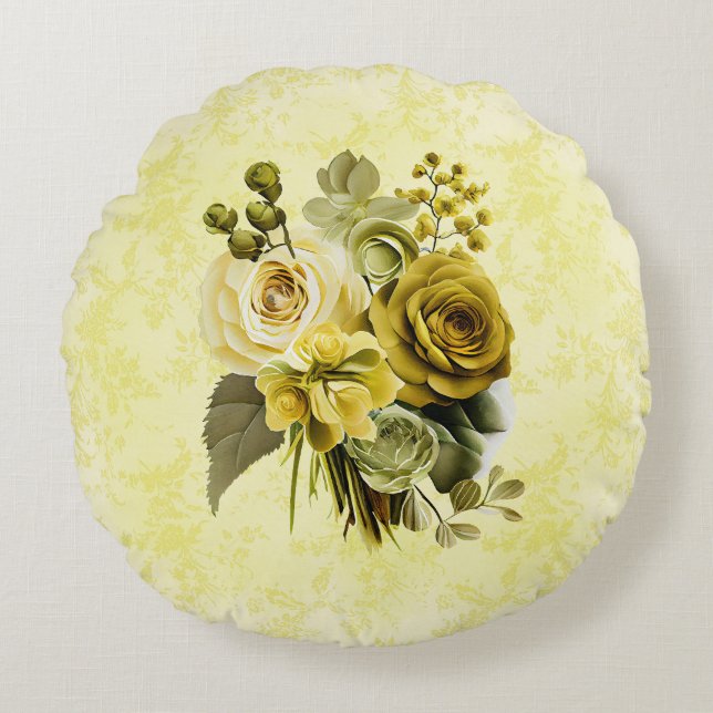 Chartreuse Olive Floral Round Pillow (Front)