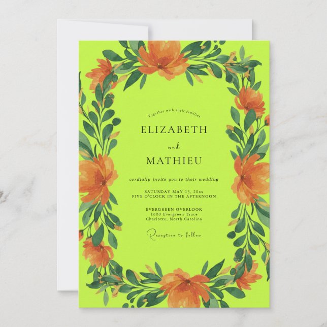 Chartreuse Orange Poppy Wedding Invitation (Front)