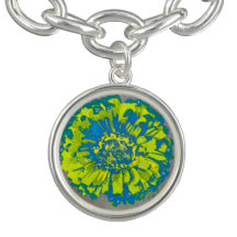 Chartreuse & Peacock Daisy Charm with Silver