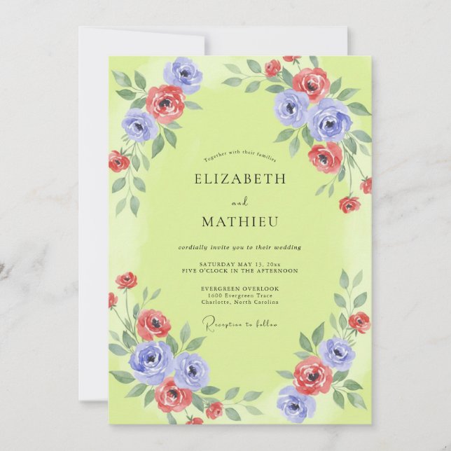 Chartreuse Periwinkle Poppy Wedding Invitation (Front)