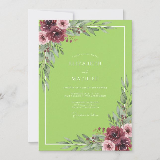 Chartreuse Plum Petal Wedding Invitation (Front)