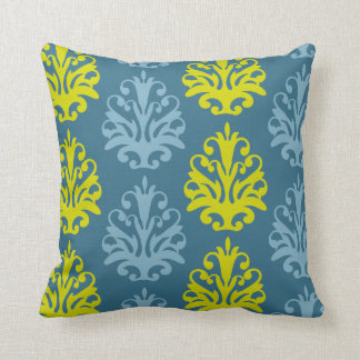 Chartreuse slate blue teal damask cushion