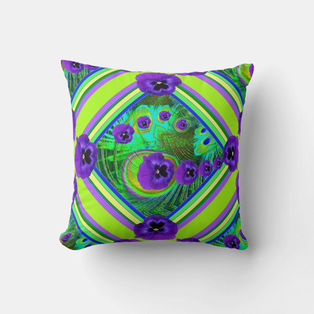CHARTREUSE SPRING GREEN PURPLE PANSY FLORAL CUSHION (Front)