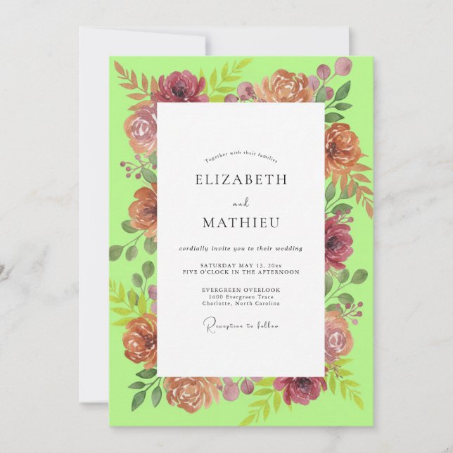Chartreuse Terracotta Rose Wedding Invitation (Front)