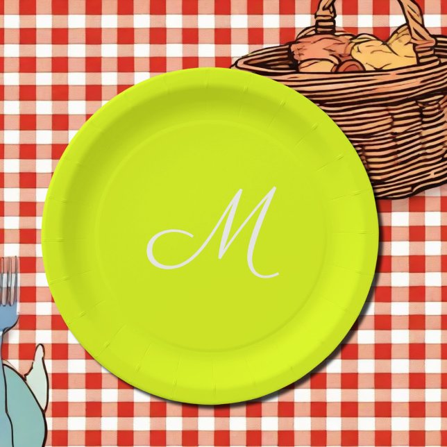 Chartreuse yellow -  monogrammed  paper plate (Creator Uploaded)